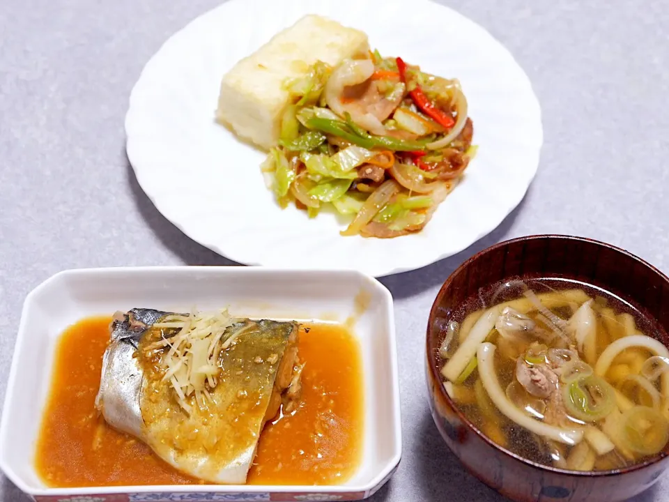 鯖の味噌煮、うどん、豆腐ステーキ野菜ソース|Orie Uekiさん