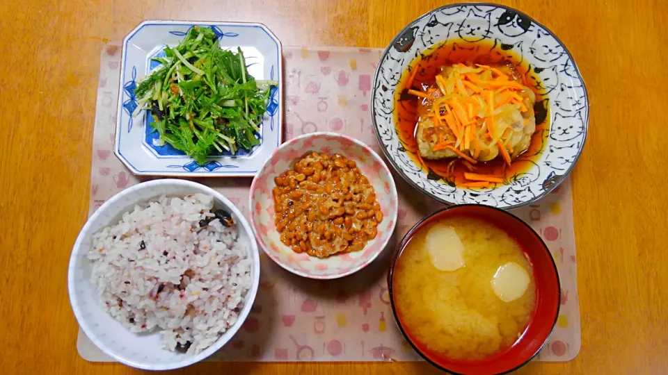 ９月１９日　鯖南蛮　納豆　水菜のサラダ　お麩のお味噌汁|いもこ。さん