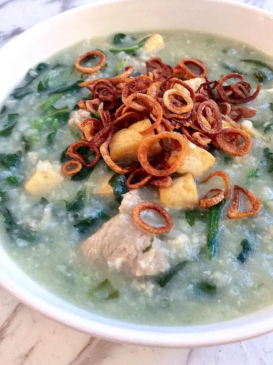 Snapdishの料理写真:rice porridge with spinach, pork and tofu|12Dragonさん