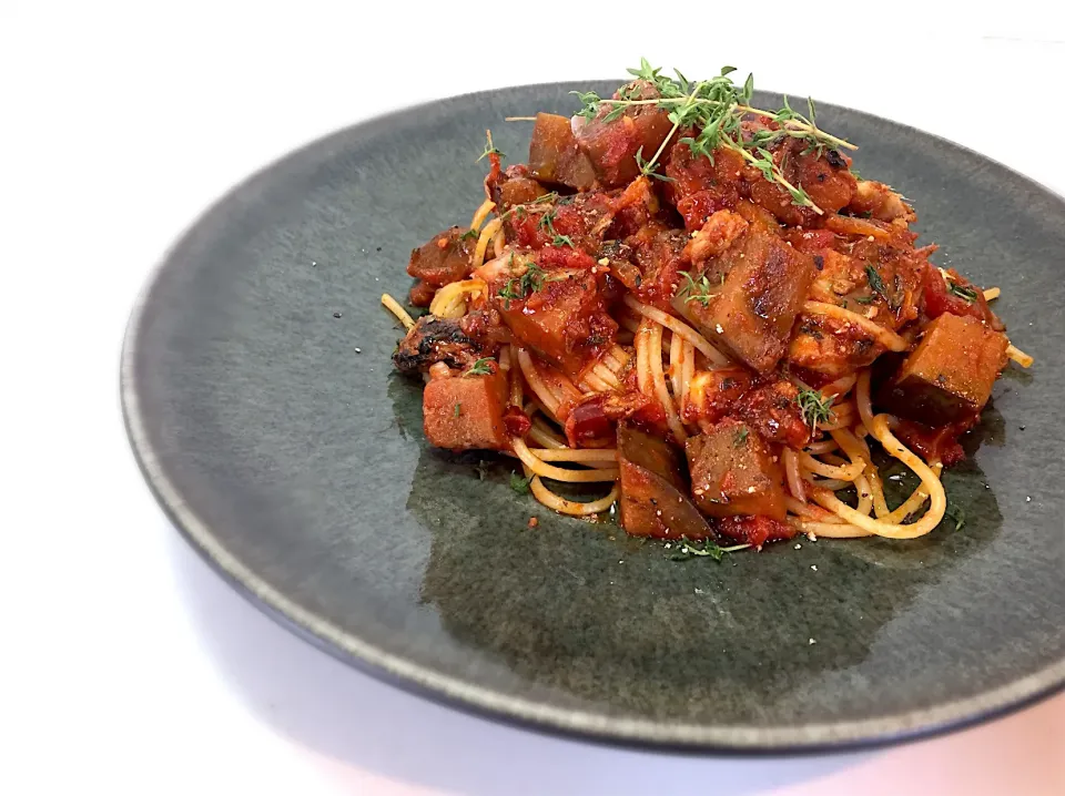 秋刀魚と焼き茄子のトマトソースパスタ🍝|welcomeizumiさん