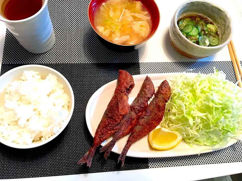 豆アジの唐揚げ、もずく胡瓜、味噌汁|りんこさん