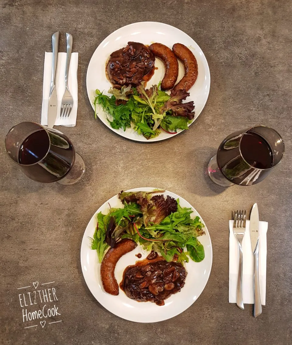 Garlic Red Wine Pork Chop + 
Beef Sausage + Salad + Red Wine. 
#elizhomecook #cookingtherapy #cookingdiary #westerncuisine|Esther Eliz Limさん