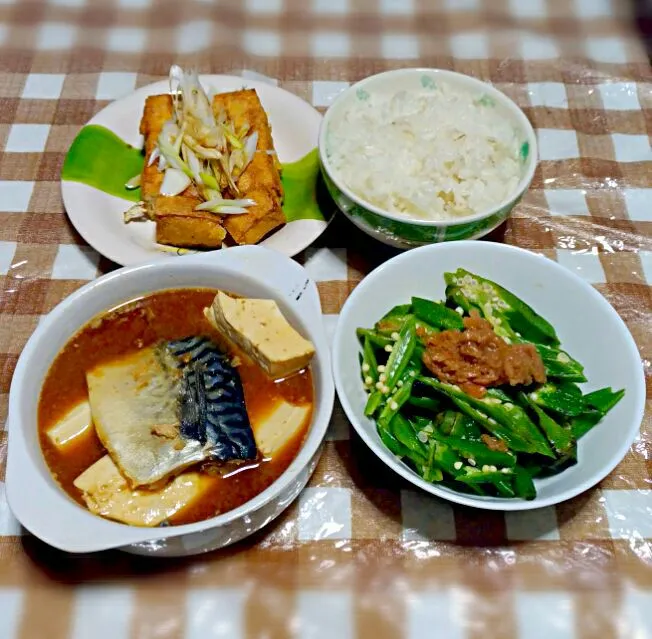 サバの味噌煮
厚揚げ焼き葱乗せ
オクラの梅乗せ|時雨さん