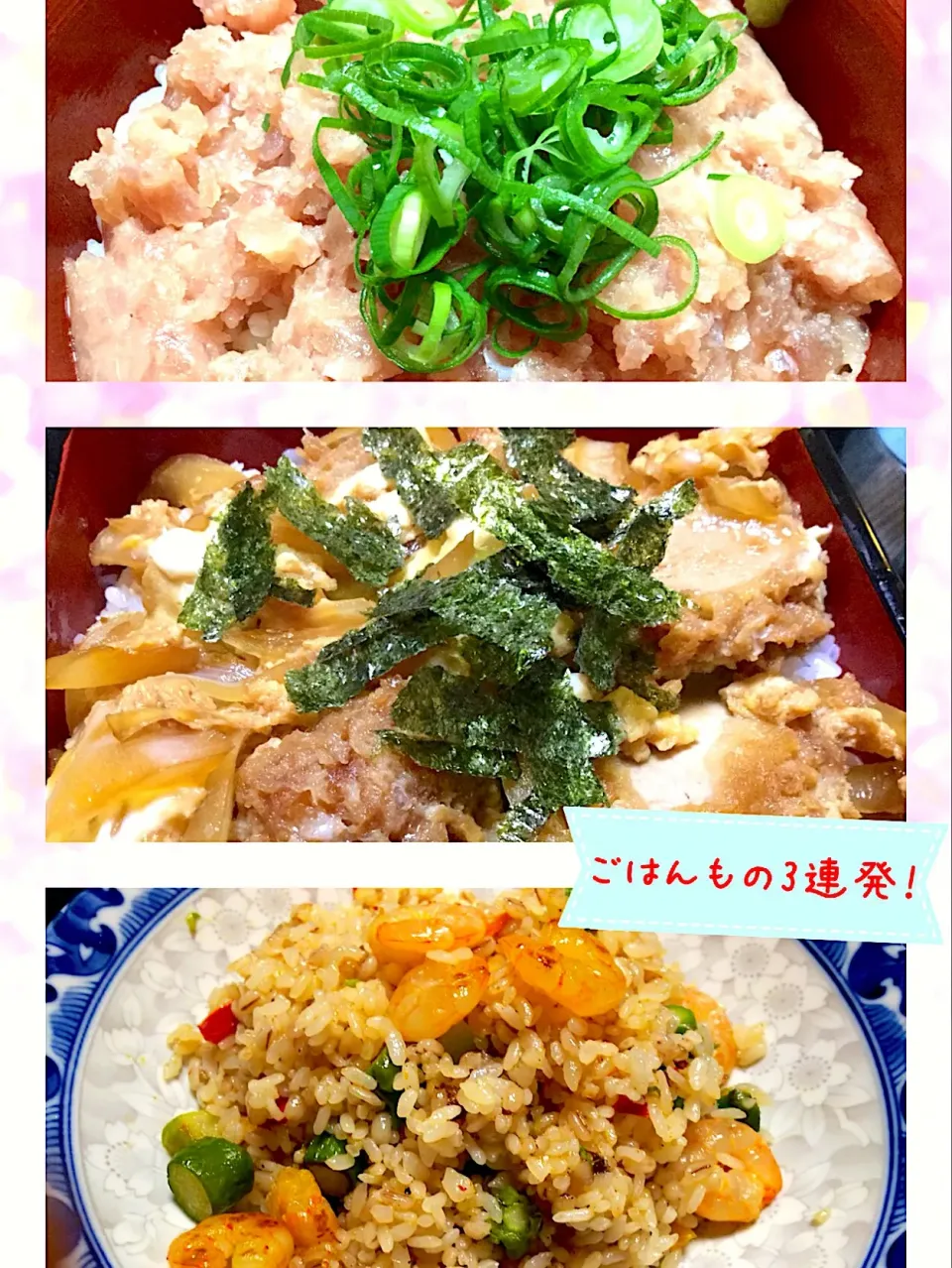 ネギトロ丼・ヒレかつ煮重・エビピラフ★|RIEママさん