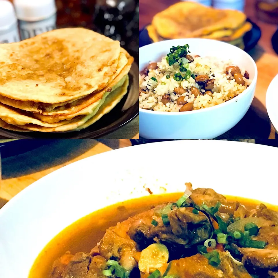 West Indian Cooking Today Busy day not over yet   Hot Chicken Curry with Onions,Peppers, Fresh Ginger,Thyme,   #homemade. Curry Lentil Roti, Also Rice & Peas. #|Emanuel Hayashiさん