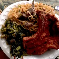 Snapdishの料理写真:Pork chops ,noodles with peanut sauce and steak, turnip greens