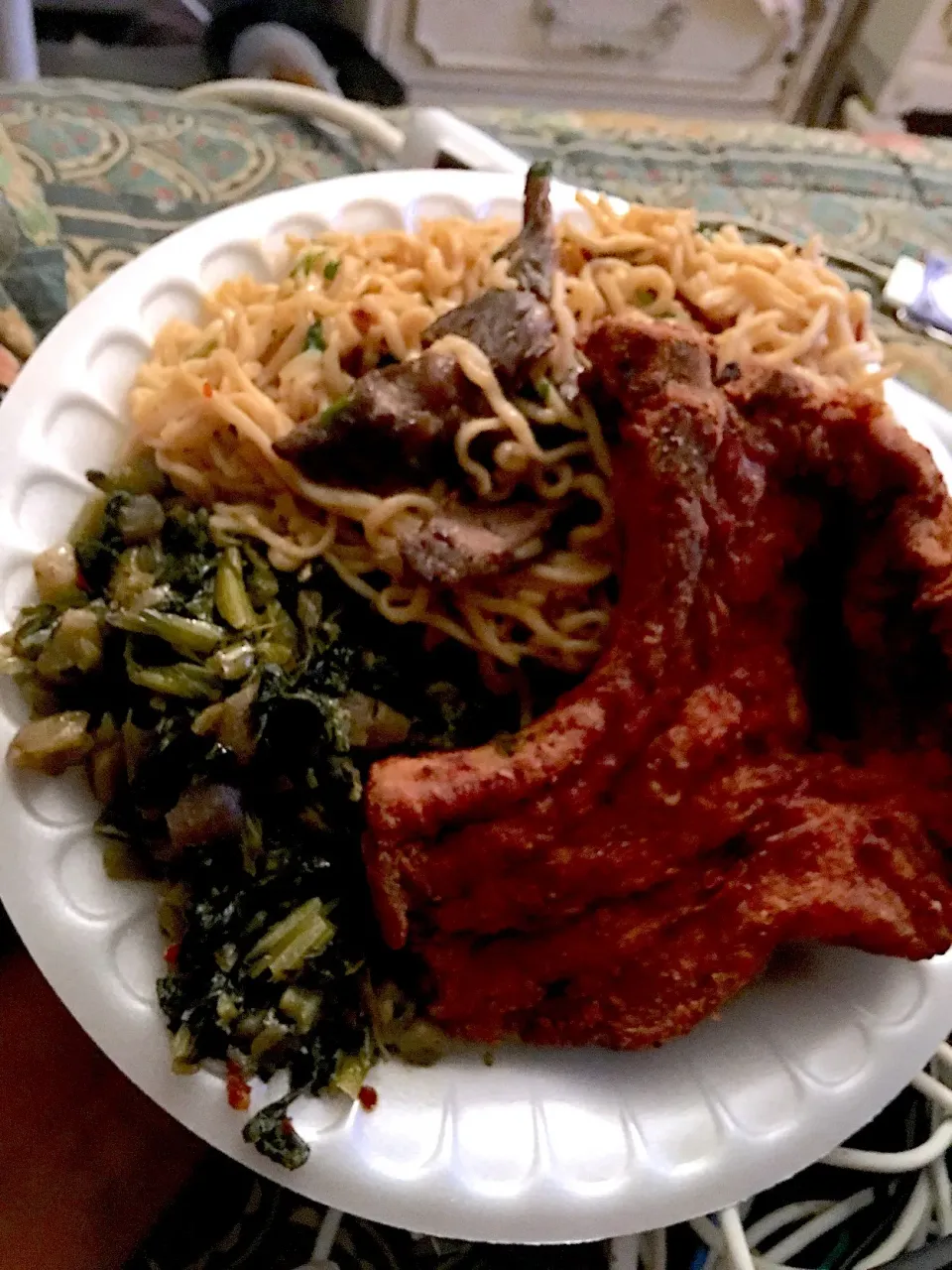 Pork chops ,noodles with peanut sauce and steak, turnip greens|christl babcockさん