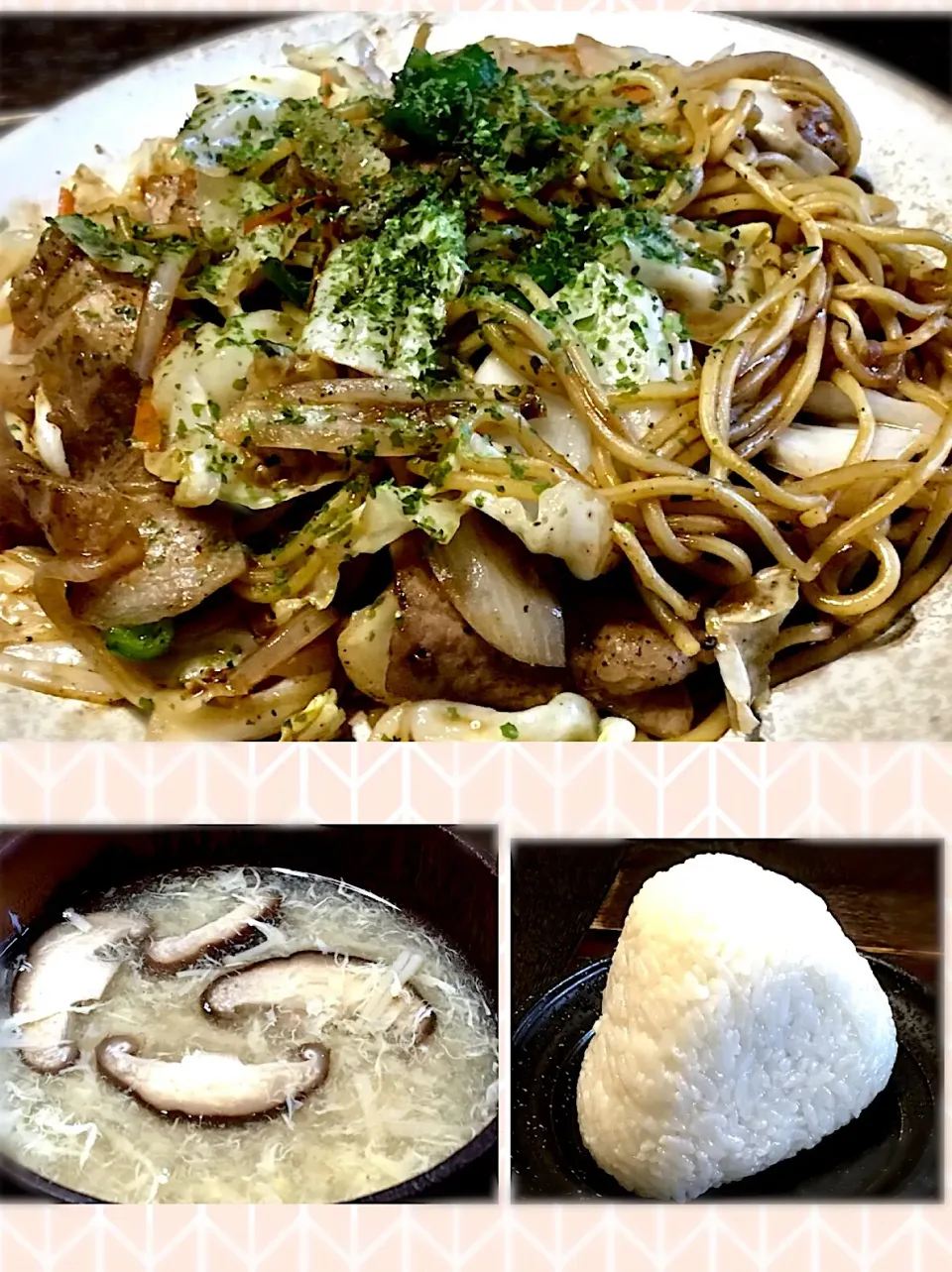 豚バラ焼きそば
キノコ溶き卵汁
新米おむすび
#お腹いっぱい炭水化物ランチ|mottomoさん