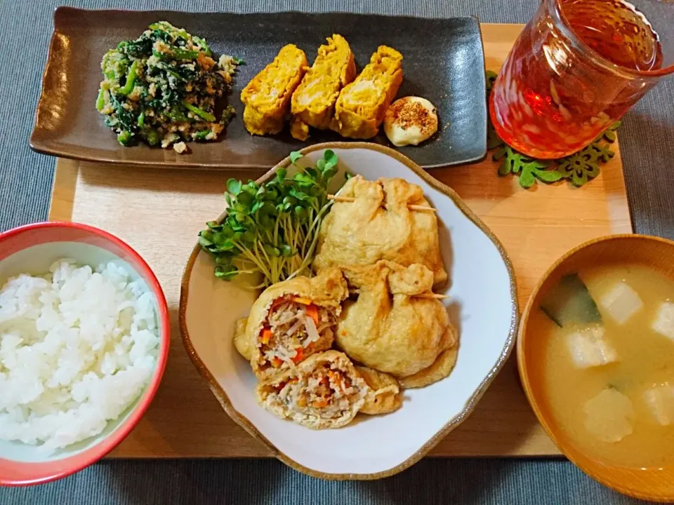 とりひき肉ともやしの袋煮、ほうれん草とおからの和え物、だし巻き玉子、味噌汁|おむすびさん