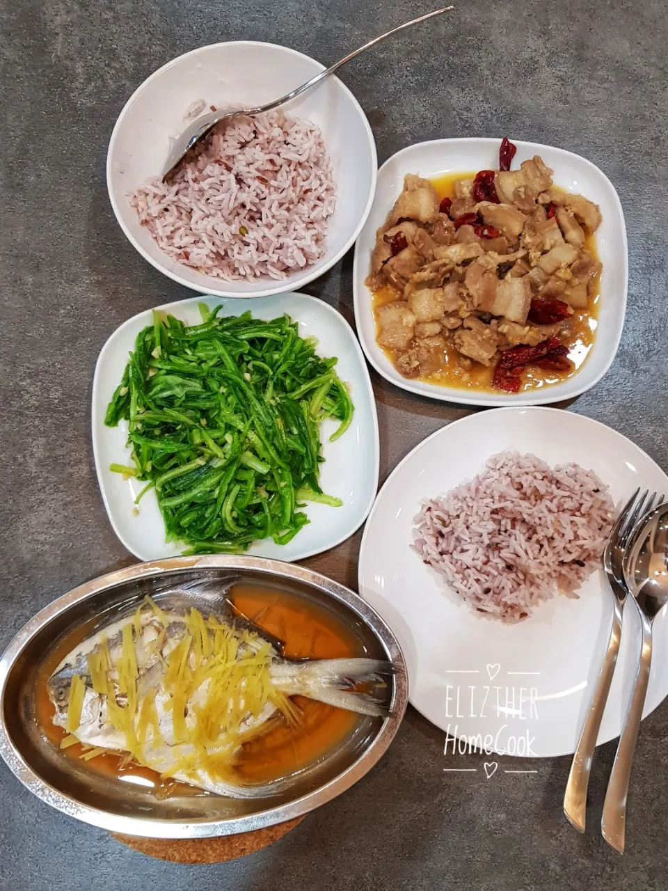 Fermented Bean Curd Pork Belly + 
Green Dragon Vegetables + 
Steam White Pomfret + Mix Grain Rice 
 #elizhomecook #cookingtherapy #cookingdiary #homecook #Chine|Esther Eliz Limさん