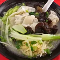 Snapdishの料理写真:Pork & Chives dumplings, Delicious Soup, added sliced cucumbers and black fungus, sliced ginger. Did not add their handmade noodles because this bowl of dumplin|tracyさん