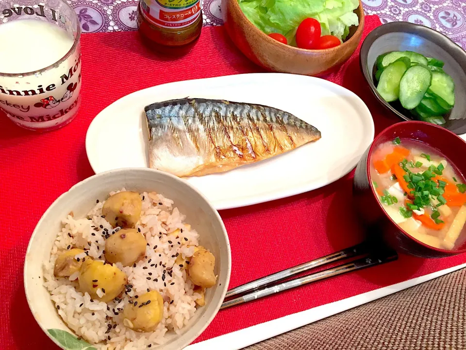 Snapdishの料理写真:栗ご飯、塩鯖、味噌汁、きゅうりの浅漬け、サラダ|Kasumiさん