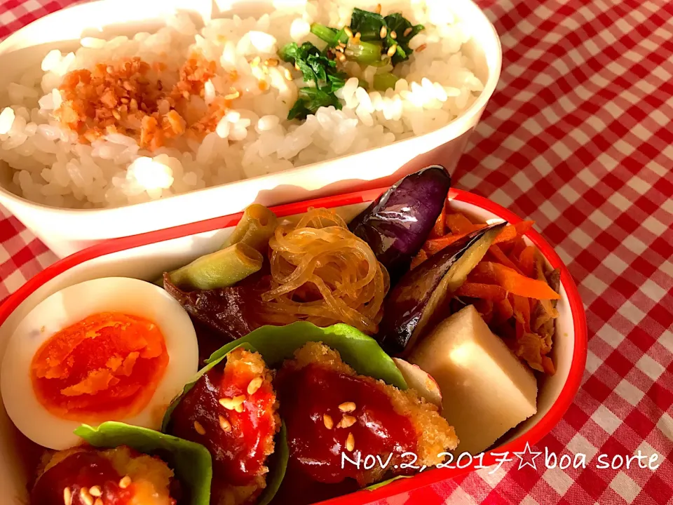 Snapdishの料理写真:夫弁当☆卵焼き器壊れた〜💦今日はゆで卵🥚|kaoriさん