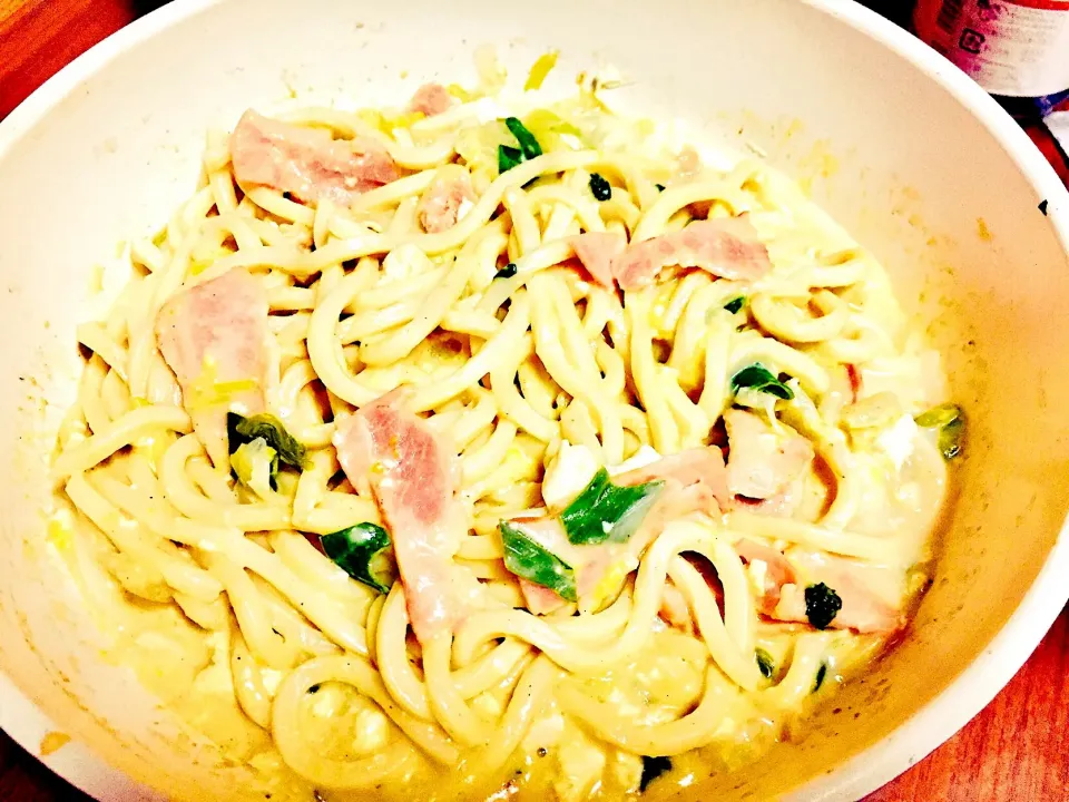 ミツカンごま豆乳鍋つゆから鍋の〆にカルボナーラうどん 家族にも大好評でした。 #〆チェン|ゆきこさん