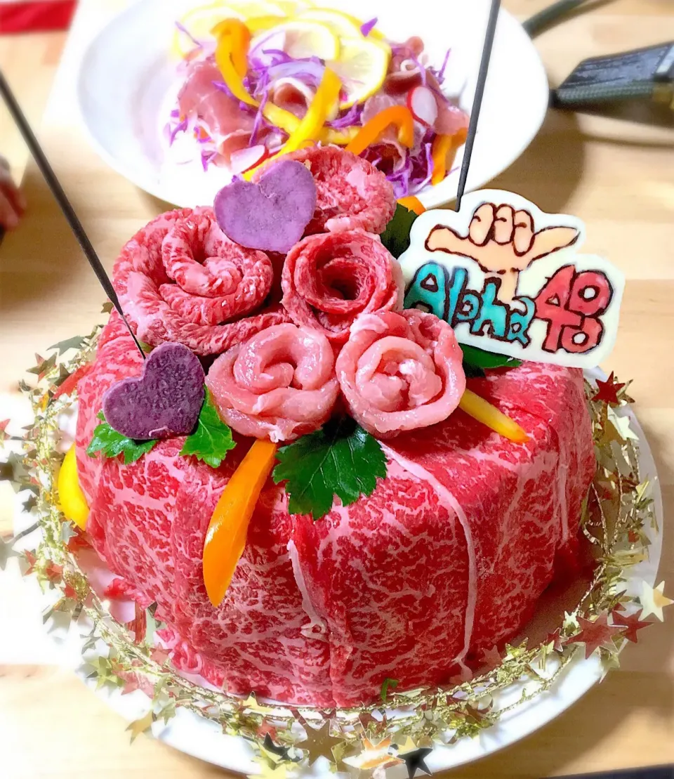 Snapdishの料理写真:パパの誕生日🍖肉ケーキ|rie.saitoさん