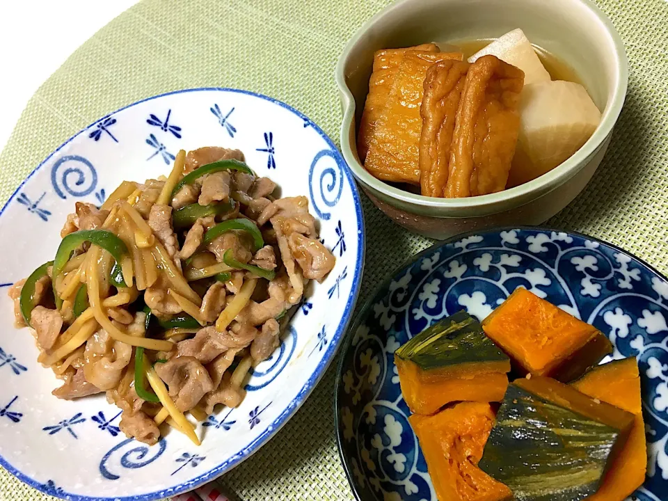 青椒肉絲、さつま揚げと大根の煮物、かぼちゃわさび煮|ずずさん