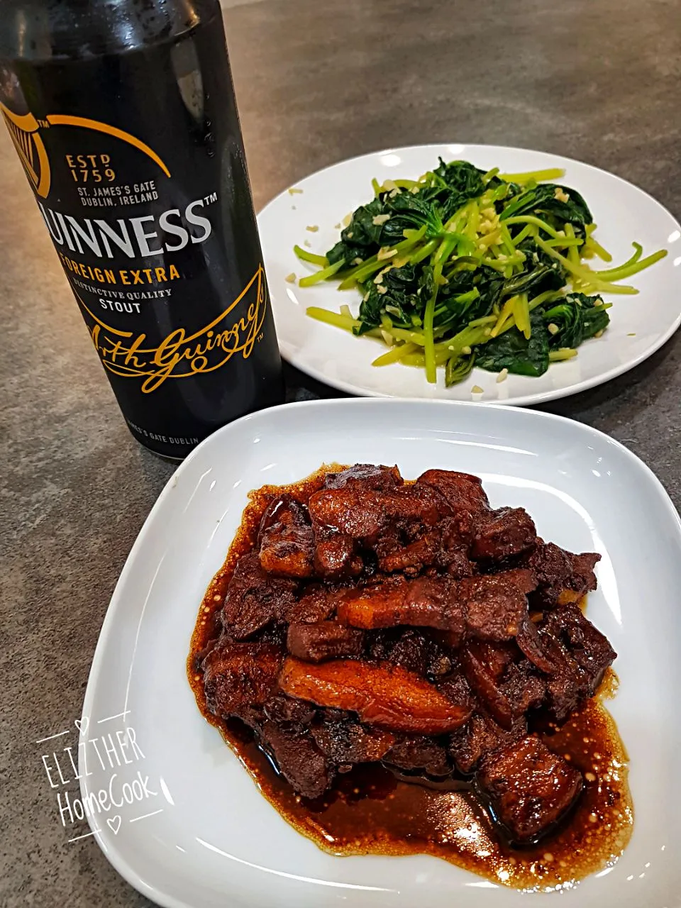 Beer Braised Pork Belly + 
Stir Fried Sweet Potato Leaves 
#elizhomecook #cookingtherapy #cookingdiary #homecook #Chinesecuisine #1stattempt #stout #Chinesecuis|Esther Eliz Limさん