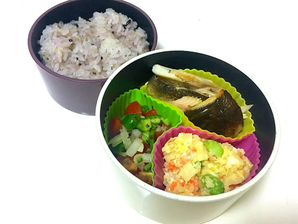 今日のお弁当  雑穀米 マスタードポテサラ ほっけ チョップドサラダ   #お弁当 #ランチ  #まだまだ修行中|spuさん