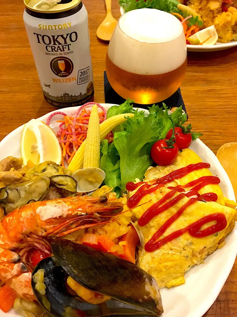 パエリアとオープンオムレツ🦐🍻|なかじー。さん