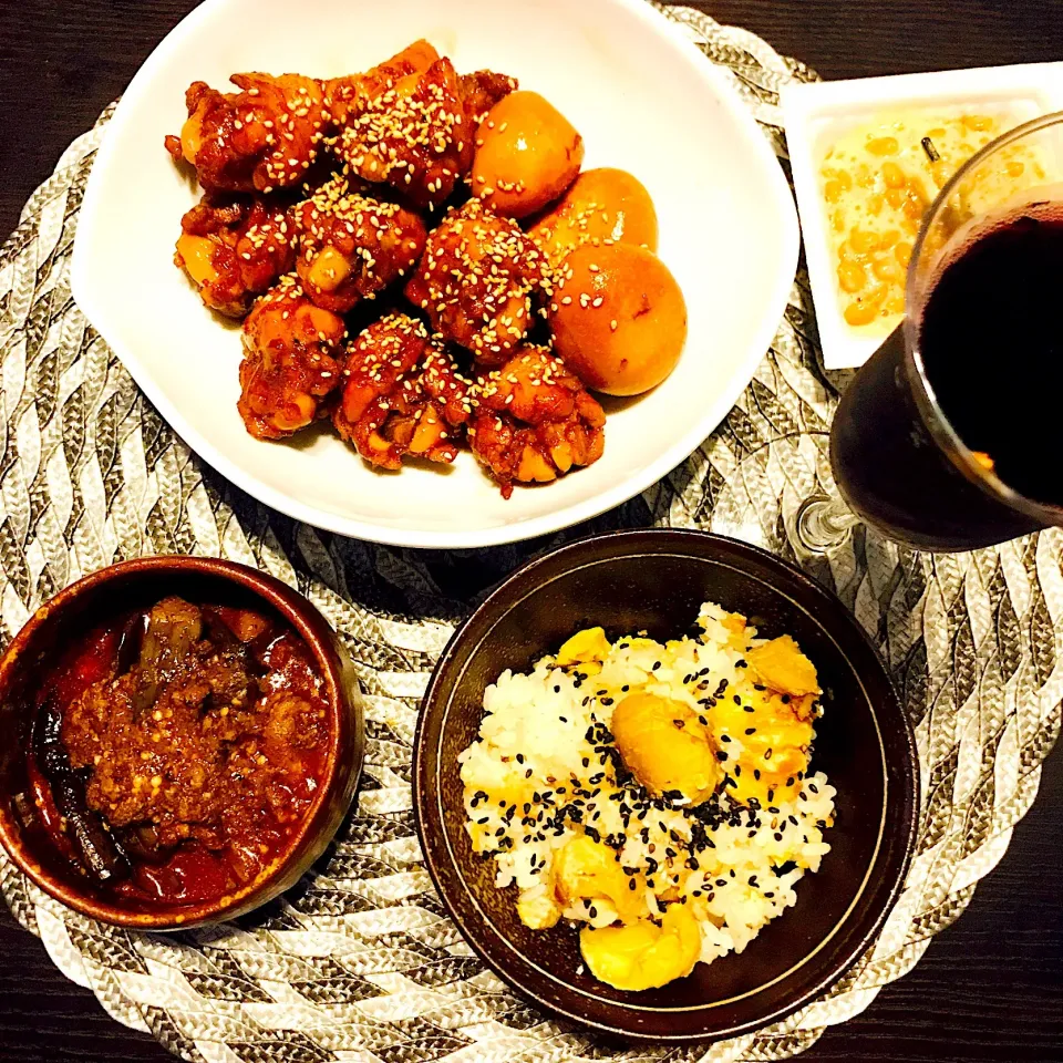 栗ご飯、手間元のさっぱり煮、麻婆茄子|satomicanさん