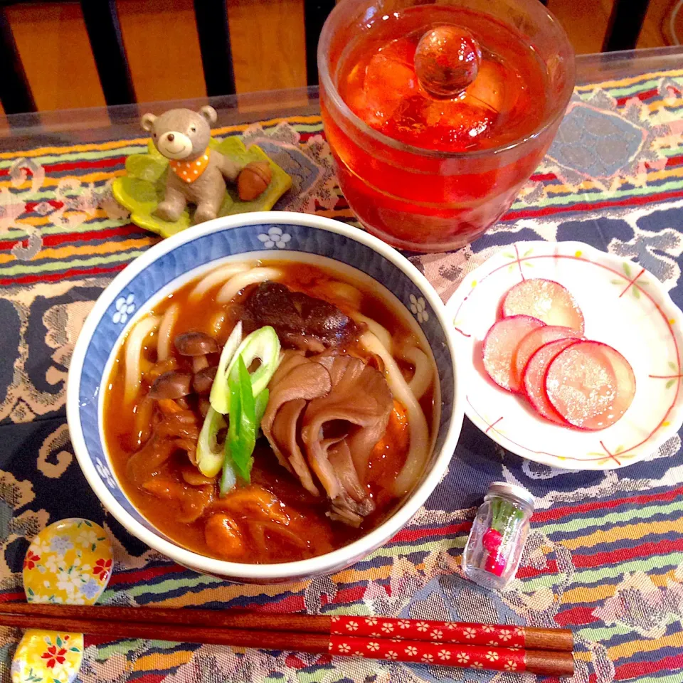 Snapdishの料理写真:ミツカン〆まで美味しい焼きあごだし鍋つゆで、和風カレーきのこうどん💓|naonaomimichanさん