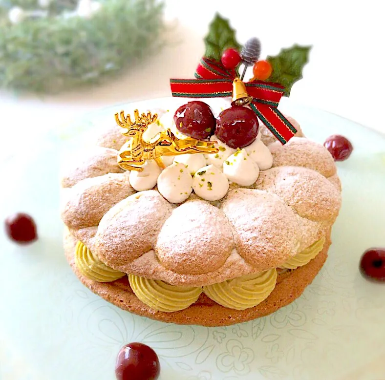 今年のクリスマスケーキは、ピスタチオとグリオットチェリーのダクワーズのアントルメです🎄|pechemignonさん