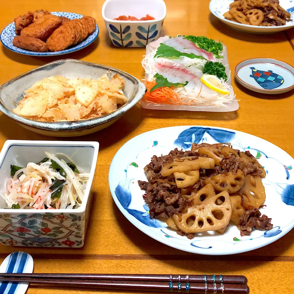 春雨ともやしの酢の物、蓮根と牛肉のピリ辛炒め、大根の明太炒め😊|amikaさん