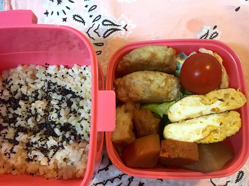 Snapdishの料理写真:♫今日のお弁当♫〜照り焼き鳥つくね、煮物、だし巻き卵、白菜サラダ、トマト〜|Satokoさん