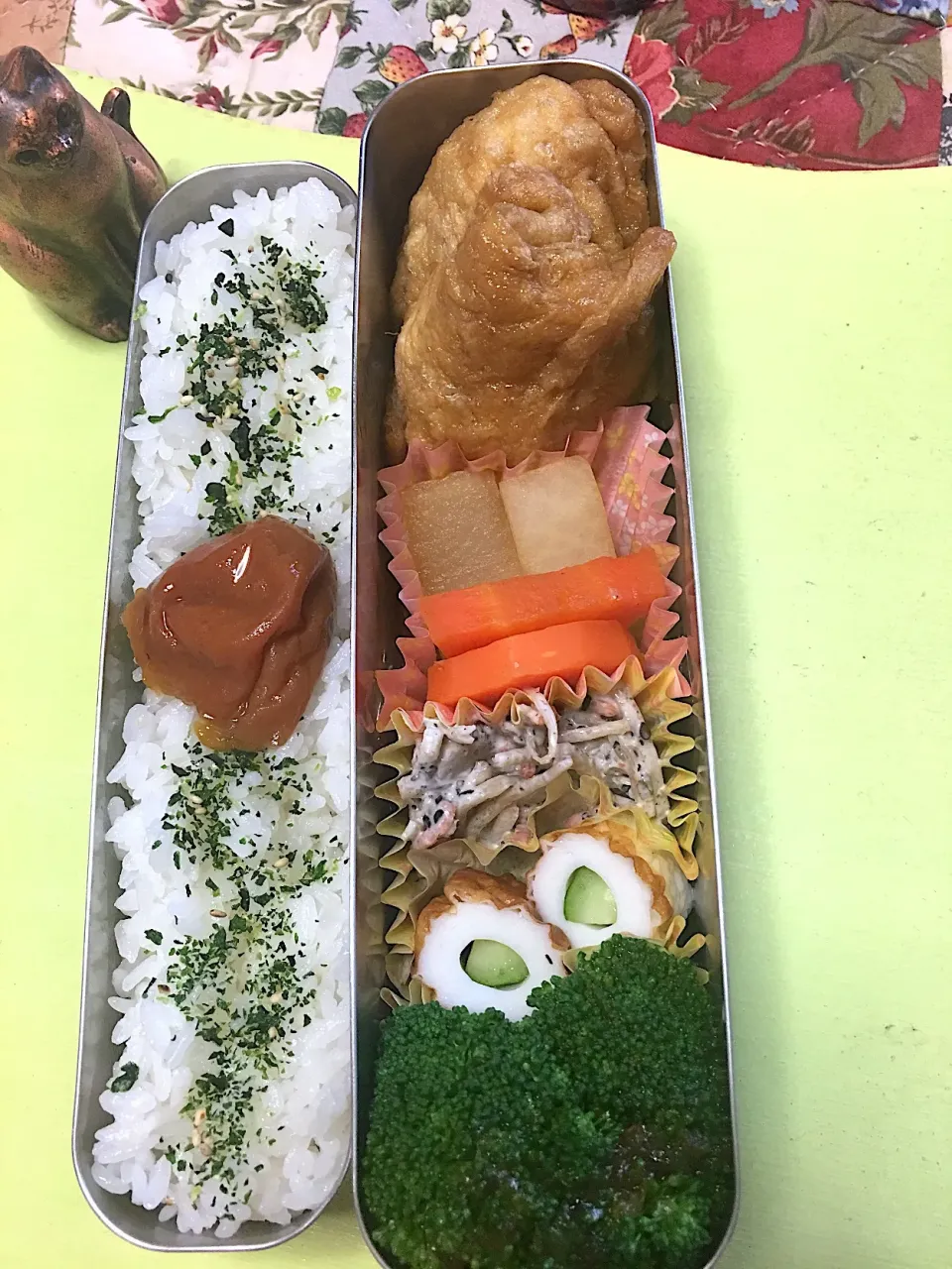 袋煮 大根と人参の煮もの 根菜のごまマヨ和え ちくわきゅうり ブロッコリー弁当。|Kumiko Kimuraさん