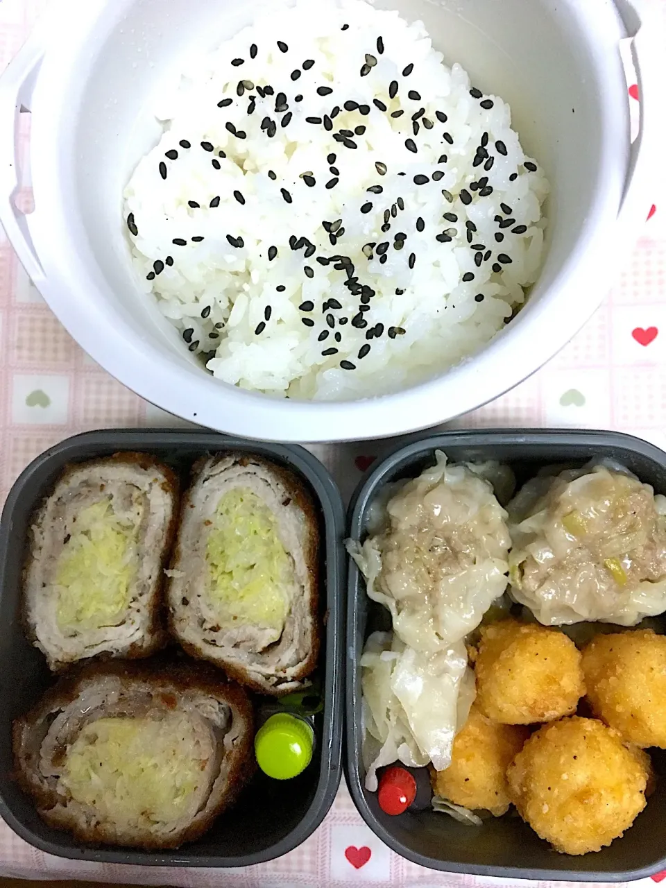 11月8日息子弁当 キャベツ入り豚カツ シュウマイ  チキンころ|オリーブさん