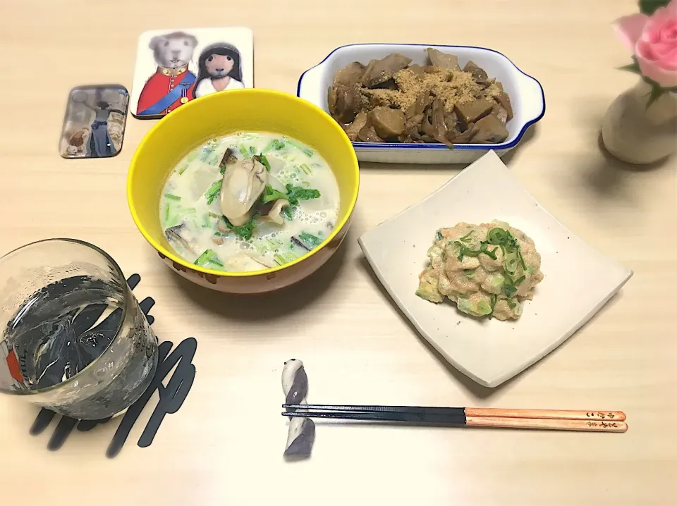 牡蠣としいたけとカブの豆乳煮、昨日の煮物、アボカド明太マヨ和え|Yukako  Toyamaさん