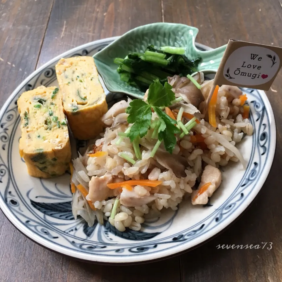 もち麦たっぷり鶏牛蒡ごはん&エスニックたまごやきのワンプレートランチʕ-̼͡-ʔ #大麦たのしみ隊  #もち麦  #はくばく 【Nov-5】|七海さん