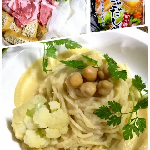 「〆まで美味しい 焼あごだし鍋つゆ」を使ってみたSnapdishの料理・レシピ写真:大根リボン鍋🎀の〆チェンは
ひよこ豆のフムス風パスタ