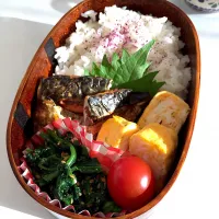 ・明太子入りさば塩 ・青のり卵焼き ・ほうれん草の胡麻和え ・ミニトマト ・ご飯＆ゆかり🍚|ききさん