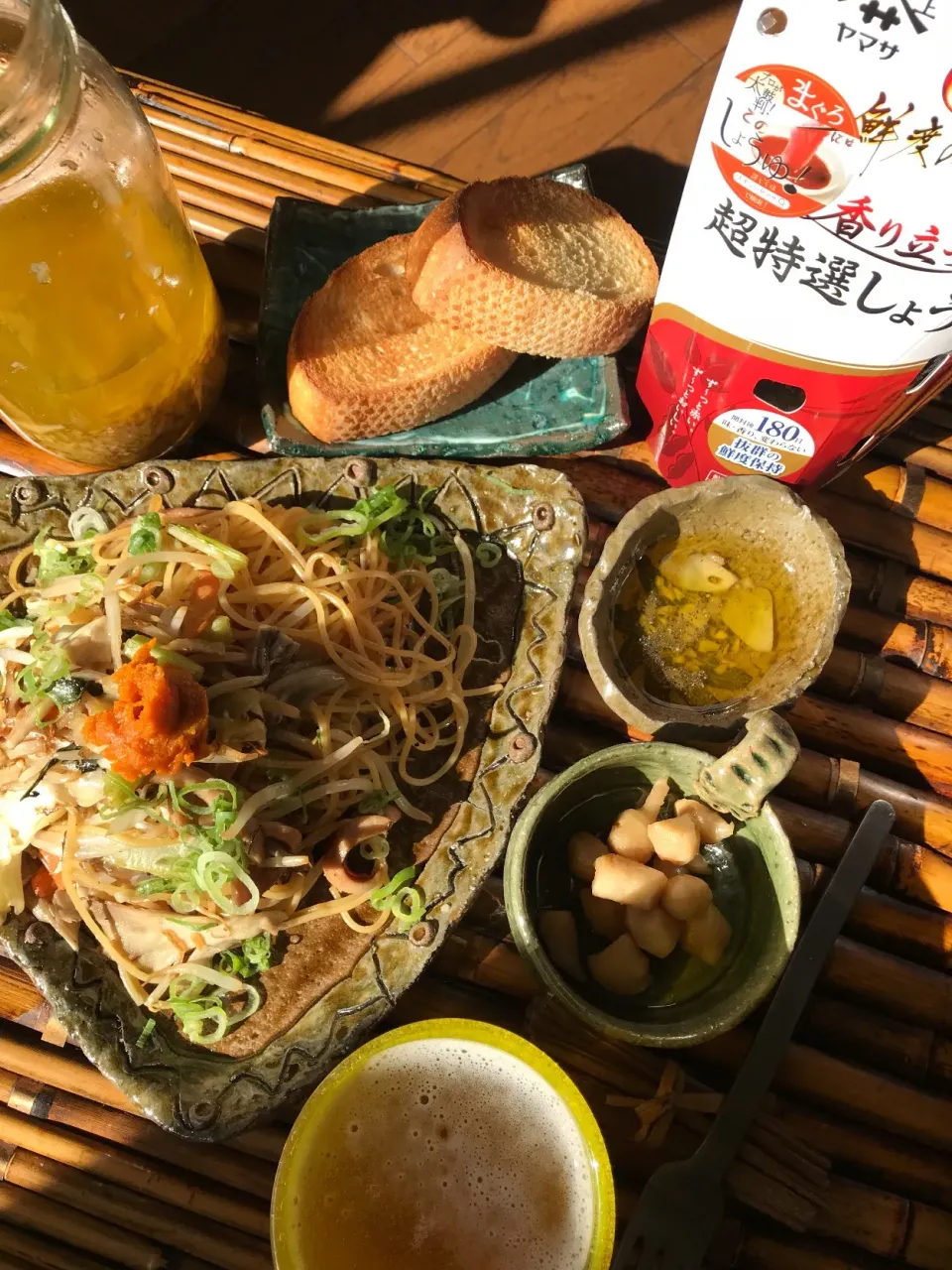 Snapdishの料理写真:ヤマサ醤油 超特選しょうゆ頂いたの💖💖💖  和風塩雲丹乗せパスタよーー😘生姜の芽の甘酢漬けは、なかなか手に入らないもの💕 お醤油の出す時のキレが半端なく良いのねーー💖💖💖|麦チョコさん