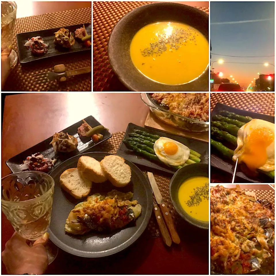 Snapdishの料理写真:Today‘s French Dinner🍴ｵｰﾄﾞﾌﾞﾙ･豆乳ﾊﾟﾝﾌﾟｷﾝﾎﾟﾀｰｼﾞｭ･ｱｽﾊﾟﾗｶﾞｽのﾋﾞｽﾏﾙｸ風･鰯のﾎﾟﾃﾄｸﾞﾗﾀﾝ ･ﾊﾞｹﾞｯﾄ|🌈Ami🍻さん