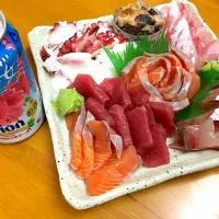 Snapdishの料理写真:沖縄刺身オリオンビール|ゃょぃ🌹さん