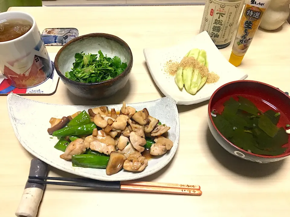 トリの肩肉とシシトウとしいたけの炒め物、パクチーサラダ、蒸し茄子、わかめスープ|Yukako  Toyamaさん