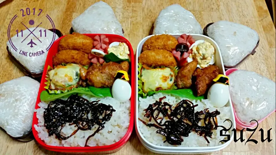 Snapdishの料理写真:今日は部活お弁当、朝4時起きだったので、手抜きして、冷凍コロッケ入れちゃった😅
#jkおべんとう
#2人分|suzuさん