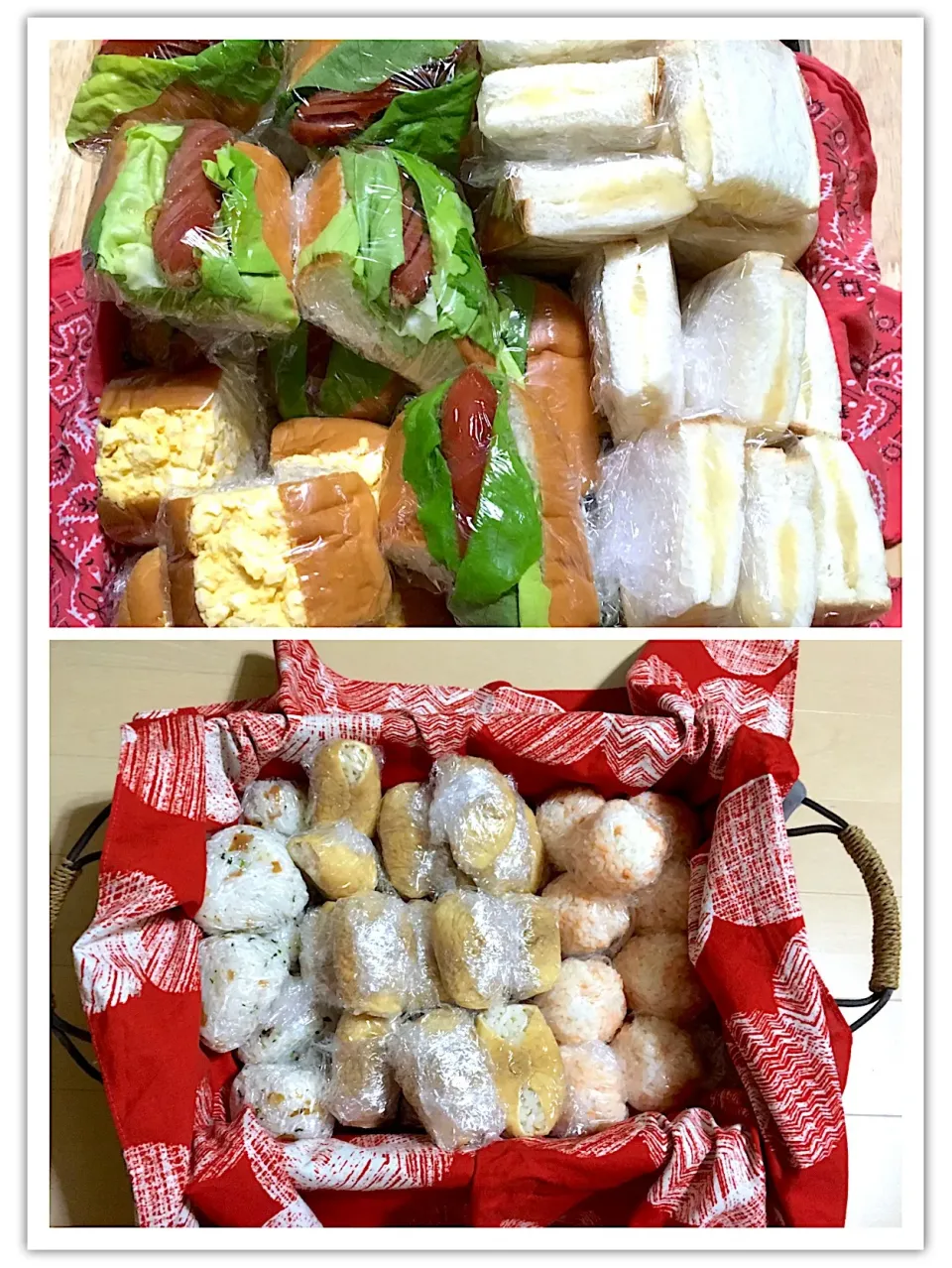 今日の試合お弁当7人分🍙(*´o`*)ふぁいと～♡ おかか&梅おにぎり おいなりさん シャケフレークおにぎり 自家製りんごジャムサンド ホットドッグ タマゴサンド  デザートに先日焼いたバニラシフォンも🎵✨|さくたえさん