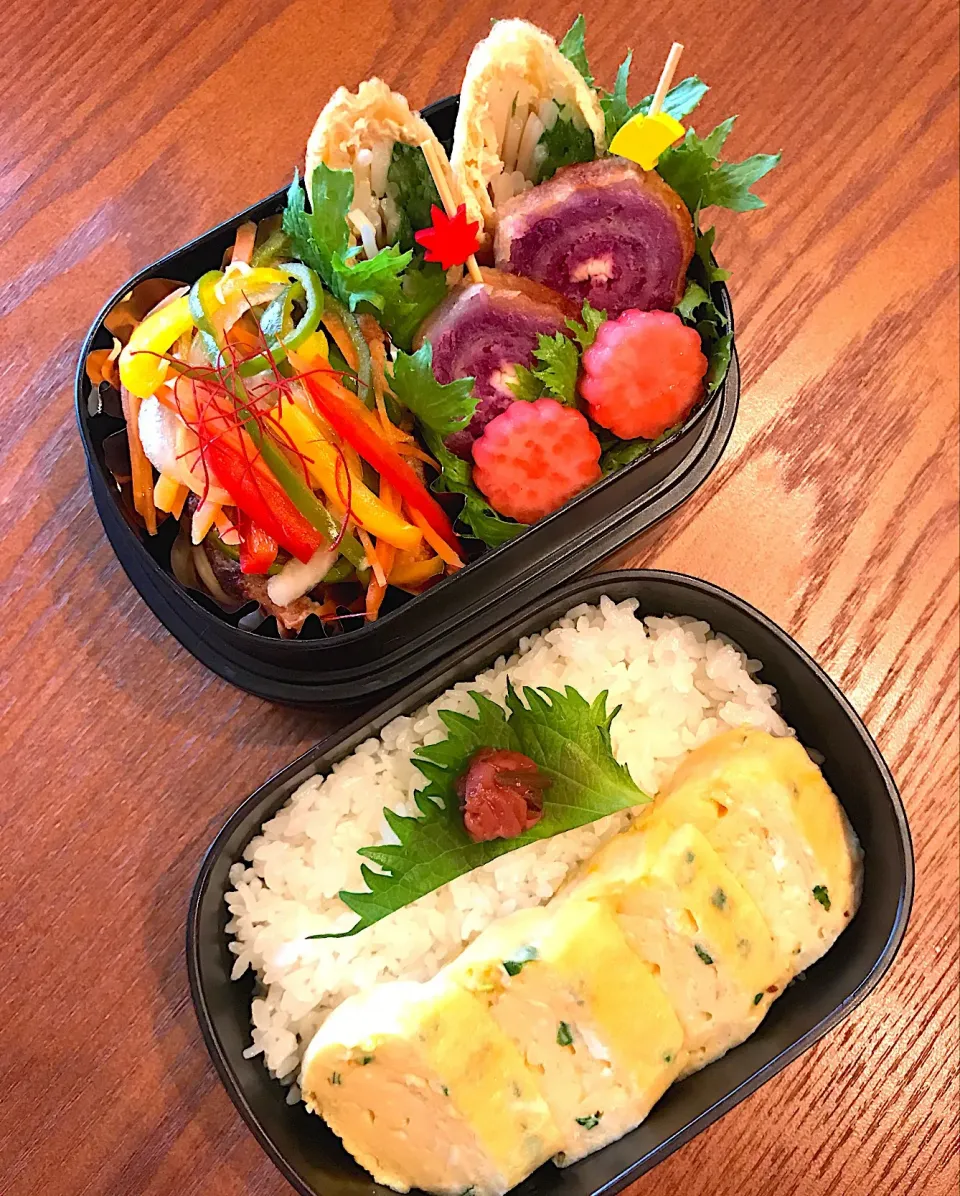 鯖南蛮弁当🍱 #サバ #南蛮漬け #だし巻き卵 #お揚げ巻き #紫色とじゃがいものいももち #いももち|呑兵衛料理家 おねこさん