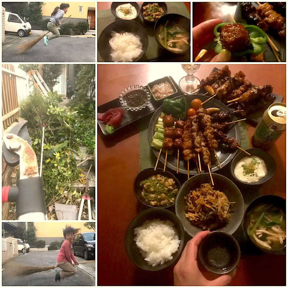 Snapdishの料理写真:Today's dinner🍴前菜･美味しい焼き鳥屋さんの焼き鳥･大和芋&うずらの卵･めかぶ&納豆･新米･小松菜としめじのお味噌汁|🌈Ami🍻さん