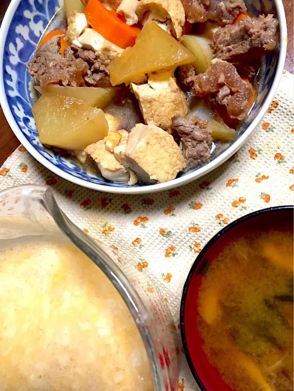 とろろ汁    牛筋肉と大根の煮物    味噌汁|掛谷節子さん