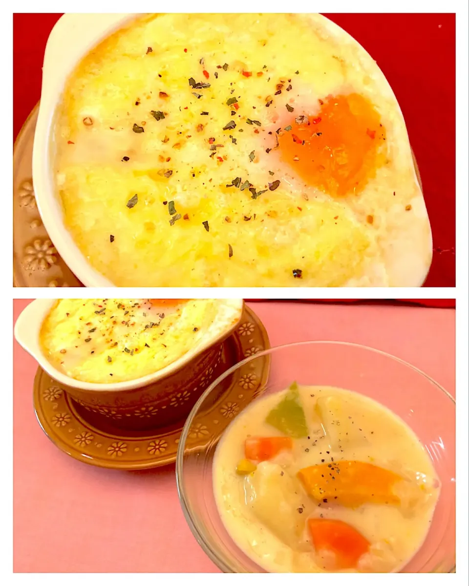 Snapdishの料理写真:オニオンスープを多めに作って...(´ω｀)
  ✳︎オニオングラタンスープ
              &
   ✳︎クリームシチュー|AKUBI*:ஐ(●˘͈ ᵕ˘͈)さん