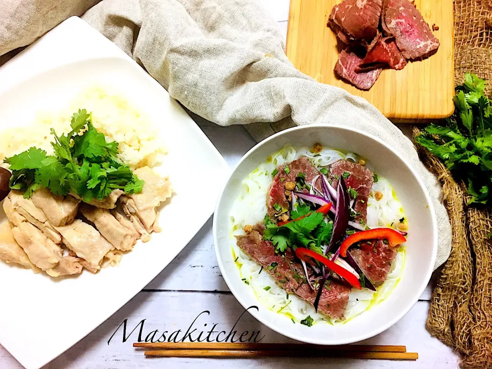 Beef pho with Steamed Chicken rice for lunch|Masakiさん