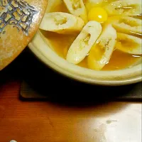 Snapdishの料理写真:鍋〆チェン きりたんぽで お花形の卵かけご飯風|いっくんさん