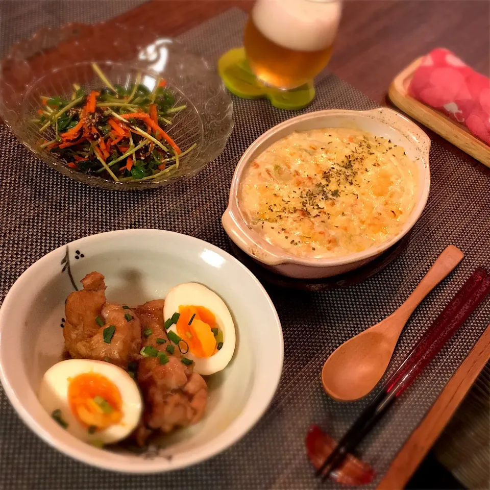 手羽元とゆで卵の甘辛煮
鮭フレークと白菜のグラタン
豆苗とにんじんの塩昆布和え|𓇼 Ⓢ Ⓗ Ⓘ Ⓝ Ⓞ Ⓑ Ⓤ 𓇼さん