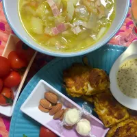 Snapdishの料理写真:本日 お料理教室で習ったチキンのピカタと野菜たっぷりスープ🌟|マギさん