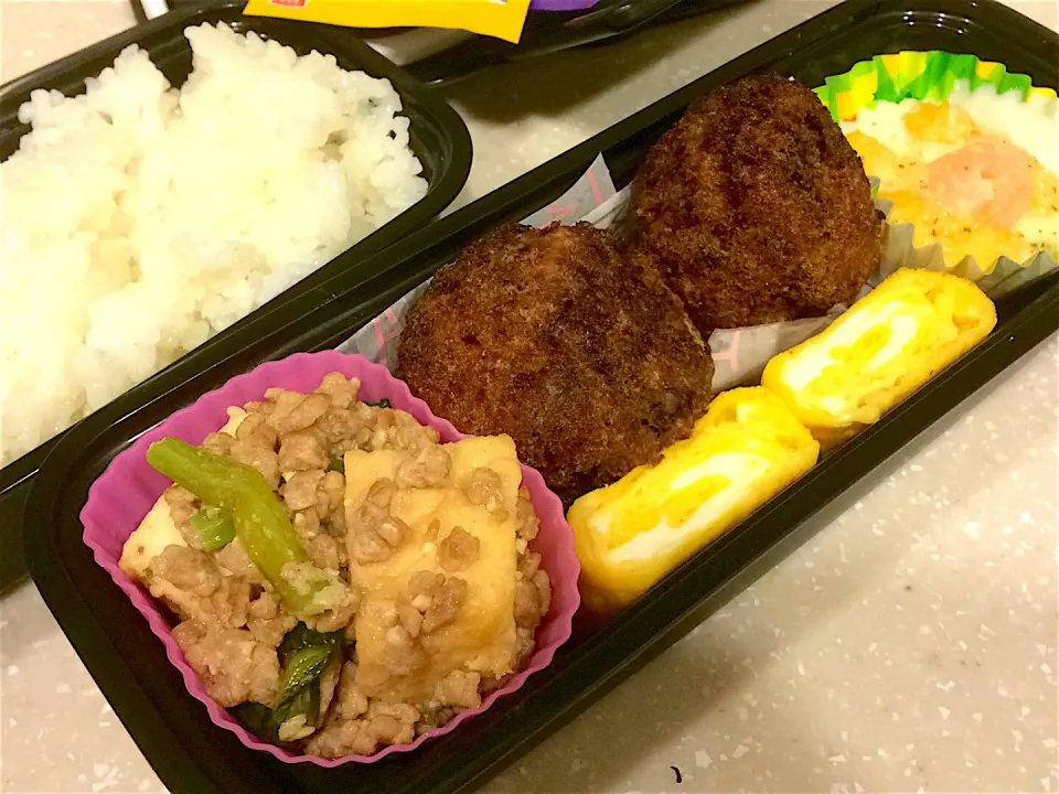 旦那弁当🍱
ご飯
厚揚げと小松菜とひき肉の味噌炒め
カボチャコロッケ
卵焼き
グラタン(冷食)|すがかえさん