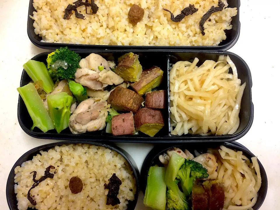 Snapdishの料理写真:#今日のお弁当 鶏とブロッコリーの炒め物、さつまいもの塩バター煮、大根サラダ|Victoryageさん